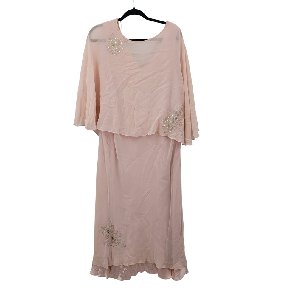 Vtg Formal Wedding Guest Pastel Pink Silk Cape Overlay Beaded Dress Petite 24WP